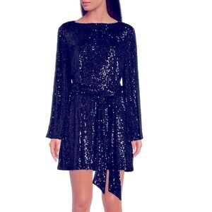 New CRYSTAL SKY Black Sequin Sparkle  Long Sleeve Blouson Shimmer Mini Dress